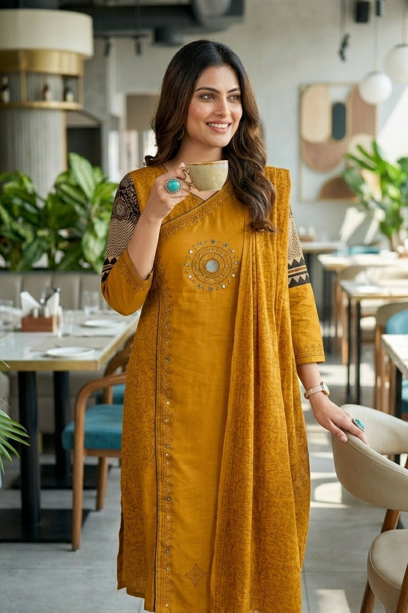 Anvee Cotton Kurti Set(Yellow)