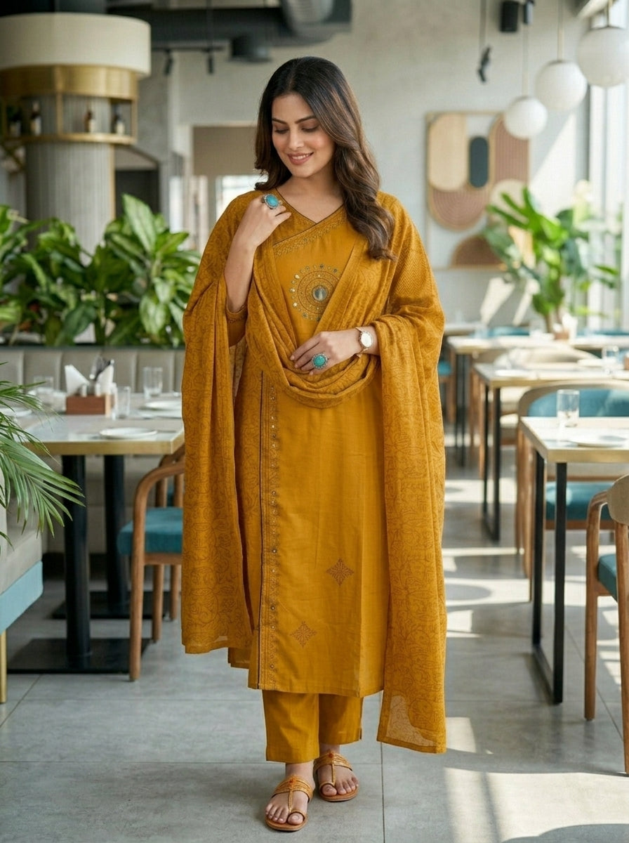Anvee Cotton Kurti Set(Yellow)