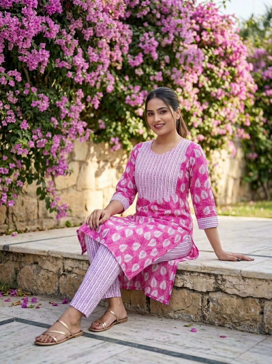 Pink Rose Cotton  Kurti Set
