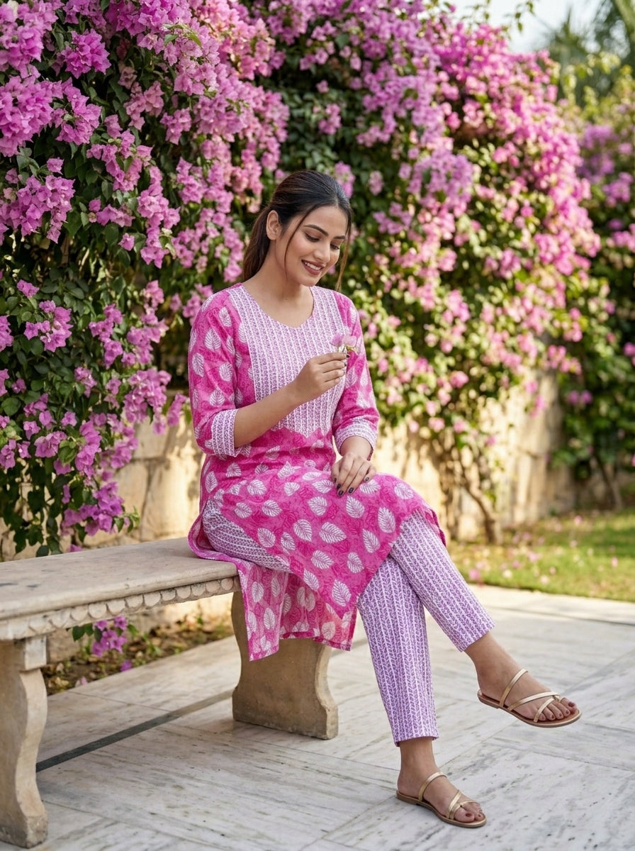 Pink Rose Cotton  Kurti Set