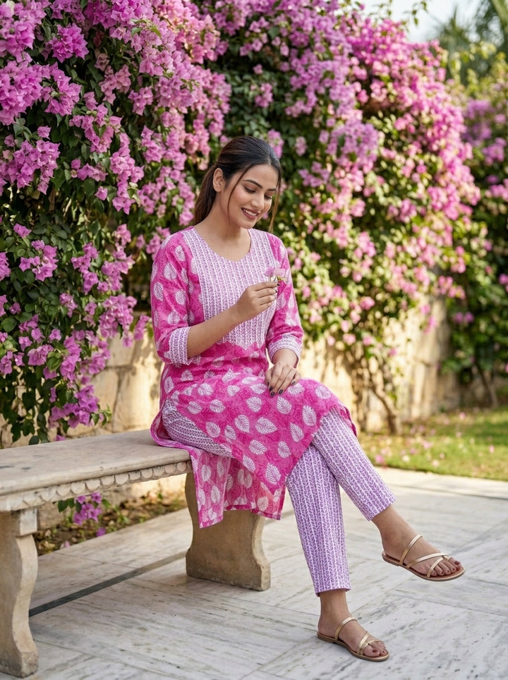 Pink Rose Cotton  Kurti Set
