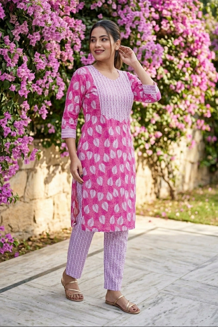 Pink Rose Cotton  Kurti Set