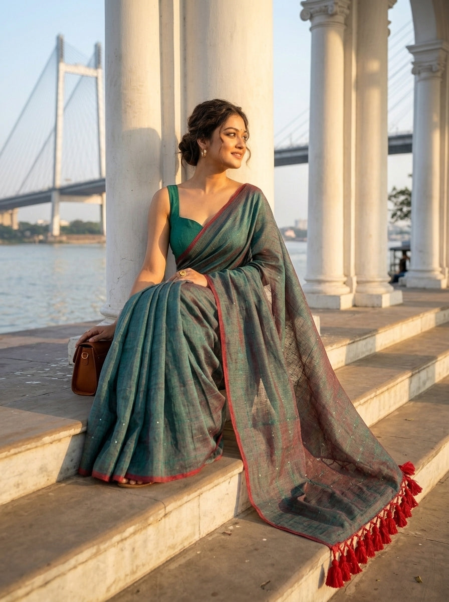 Kumkum Kavya  Khadi Cotton Sequence Saree