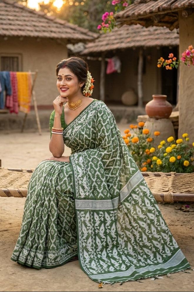 Neel Komol ( নীল কমল )Bengal Jamdani Saree(White & Green )