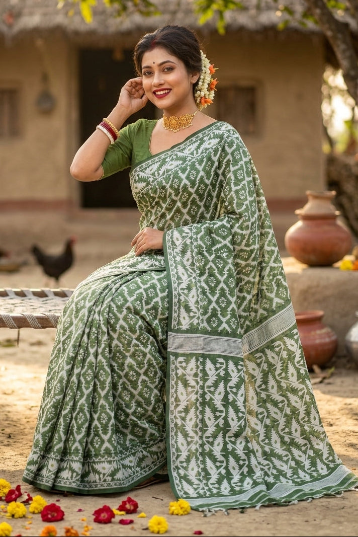 Neel Komol ( নীল কমল )Bengal Jamdani Saree(White & Green )