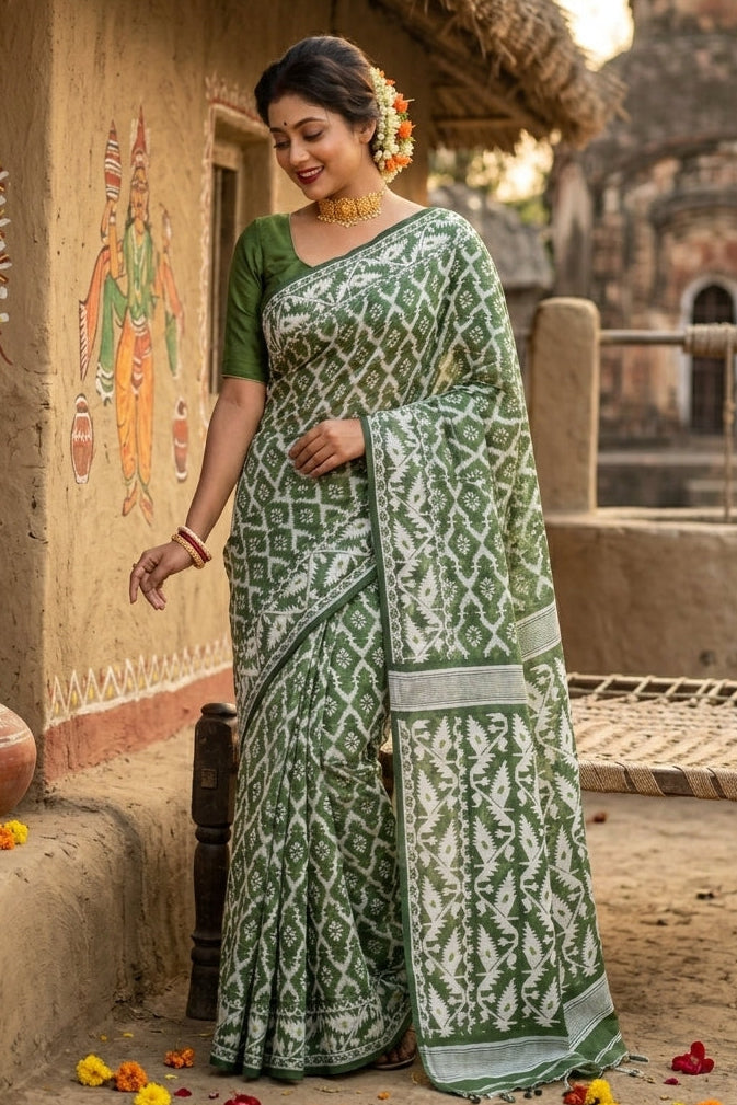 Neel Komol ( নীল কমল )Bengal Jamdani Saree(White & Green )