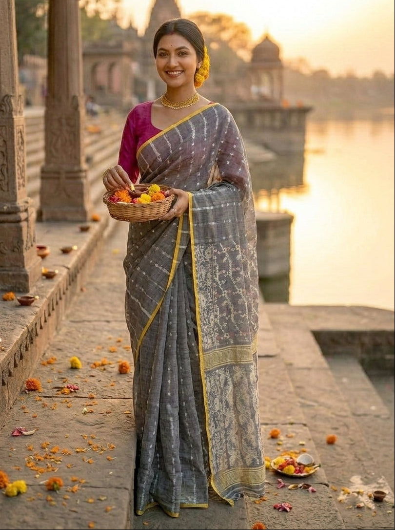 Shatarupa Bengal Jamdani Saree(Yellow-blue)