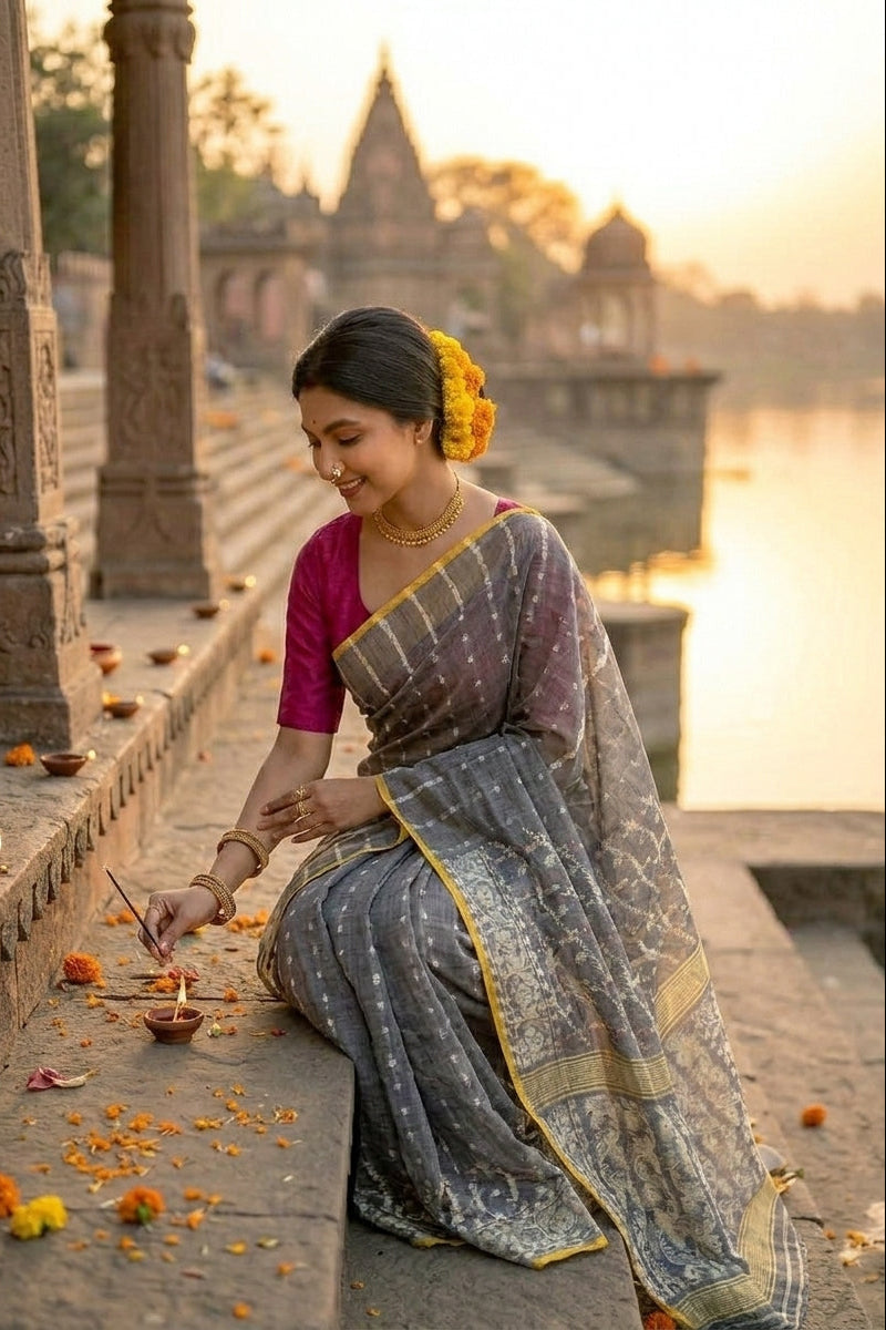 Shatarupa Bengal Jamdani Saree(Yellow-blue)