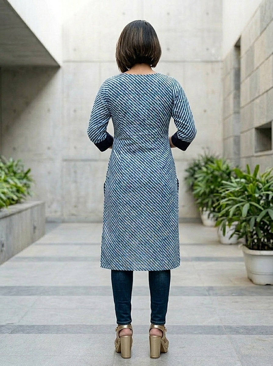 Indigo Leheriya Fusion Cotton Kurti