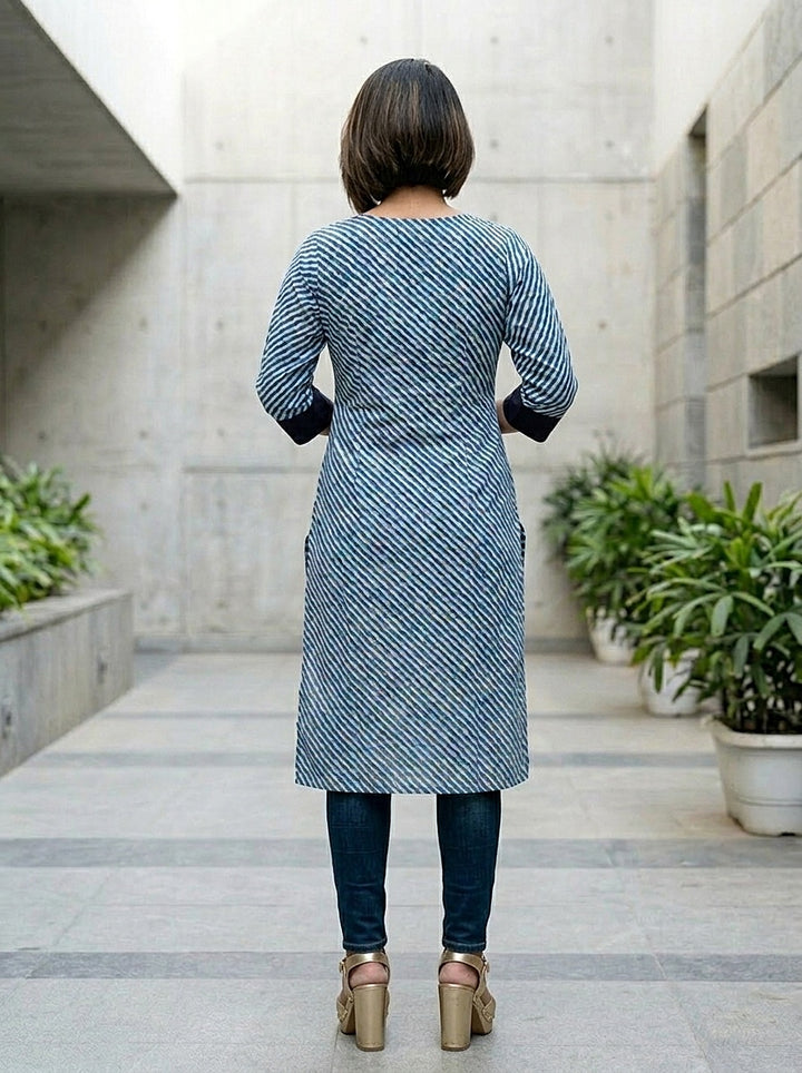 Indigo Leheriya Fusion Cotton Kurti