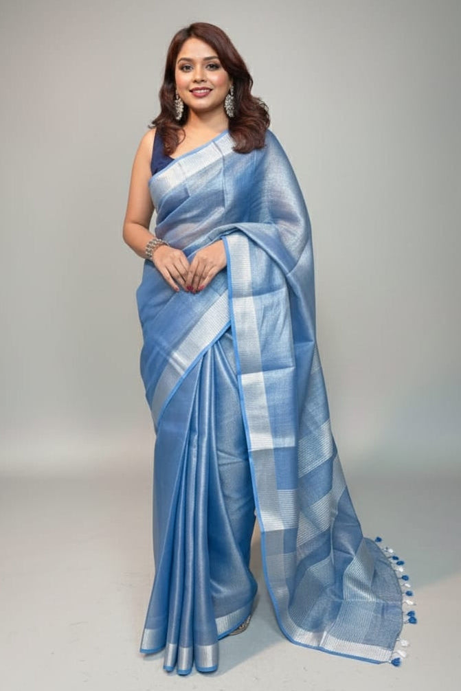 Carolina Blue Pure Handwoven Tissue Linen Saree