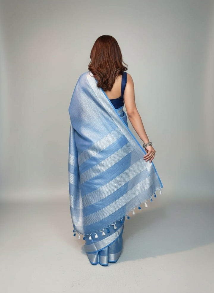 Carolina Blue Pure Handwoven Tissue Linen Saree