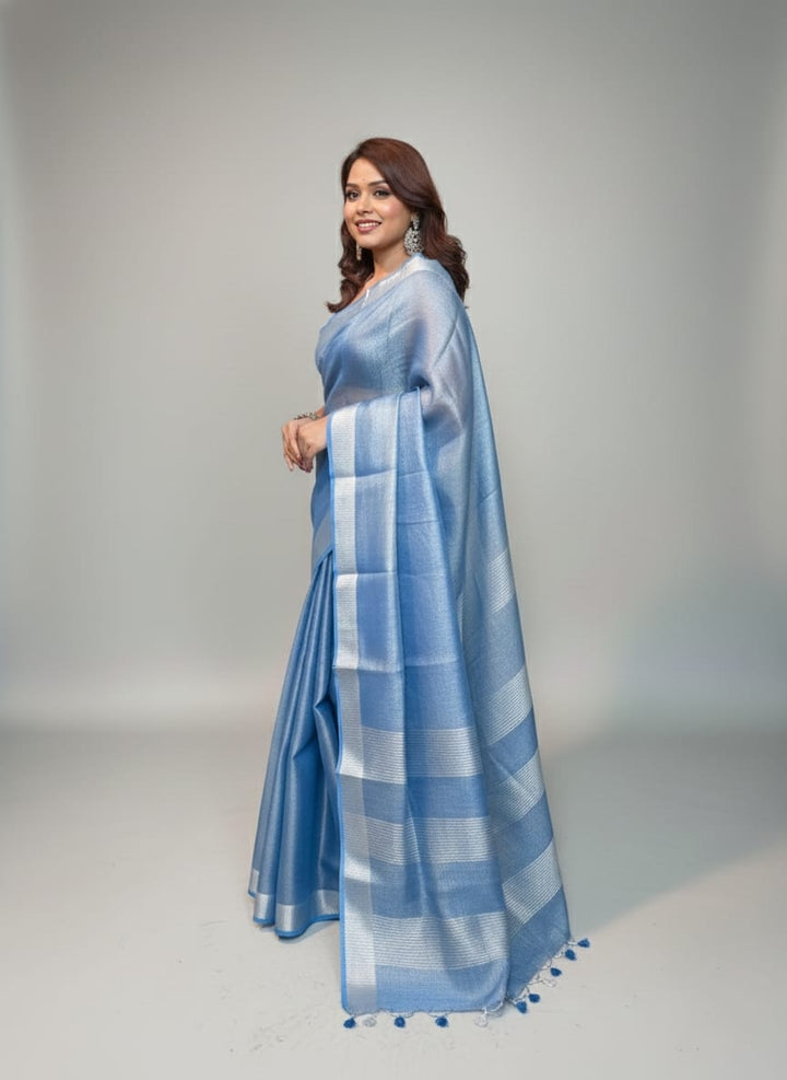 Carolina Blue Pure Handwoven Tissue Linen Saree
