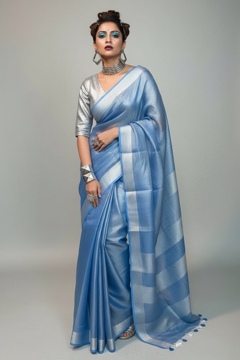 Carolina Blue Pure Handwoven Tissue Linen Saree