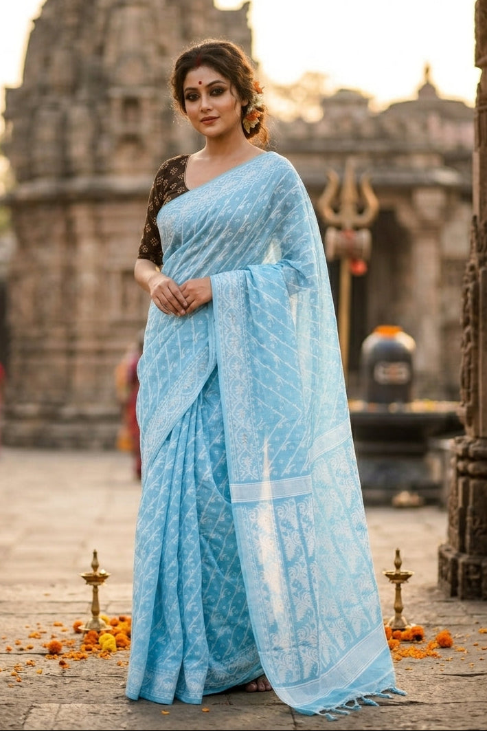 Bangaliyana Jamdani Saree (Sky)