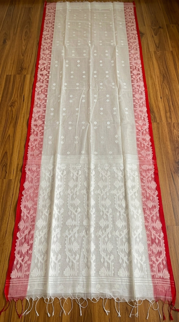 Hiyar Majhe Muslin Cotton Saree (White Saree Red Border)