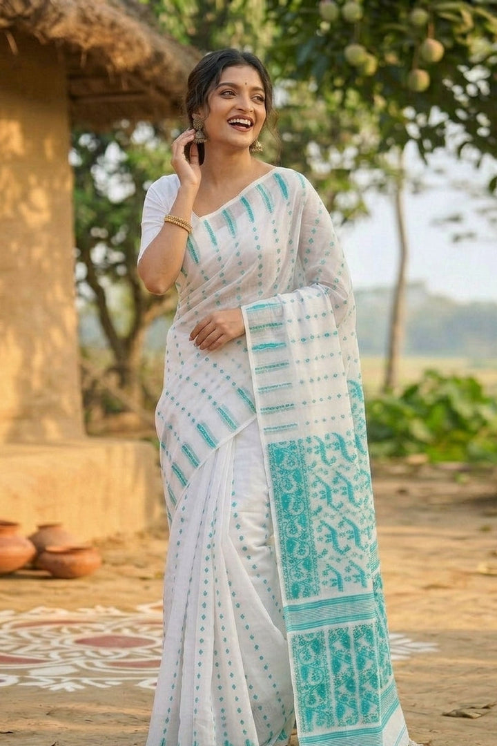 Shatarupa Bengal Jamdani Saree (White Sky)