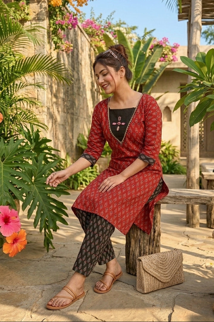 College-Going Vibe Kurti Set (Leaf Motifs)