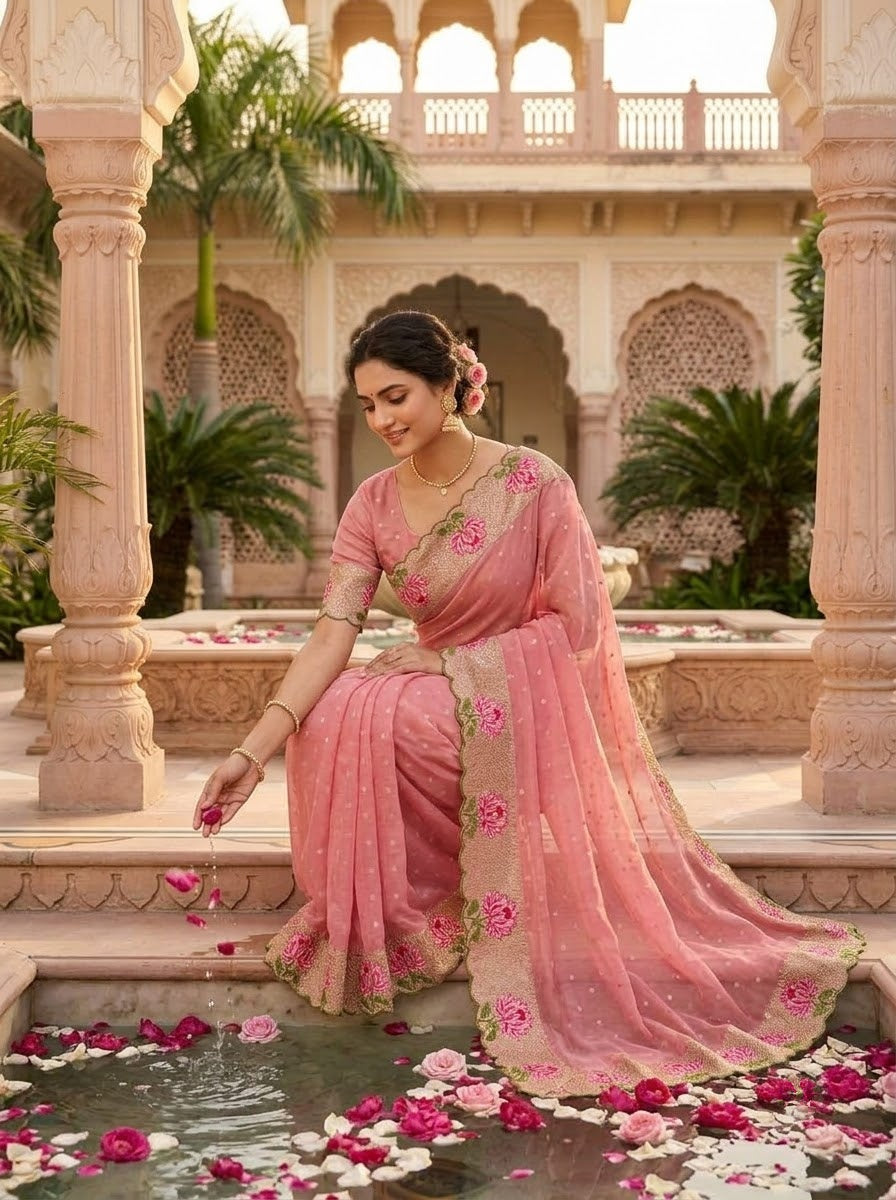 Emerald Noir- Moss Chiffon Saree Mirror Work