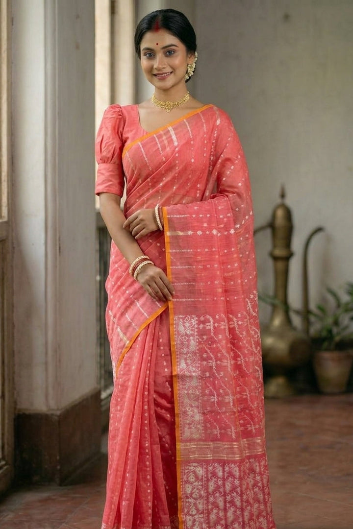 Shatarupa Bengal Jamdani Saree ( Pink Orange)