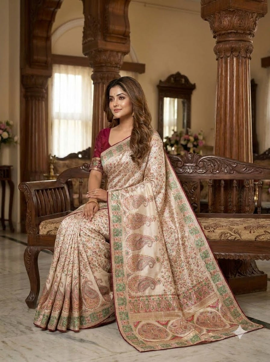 Say Less Pashmina Silk Saree with Kashmiri Work