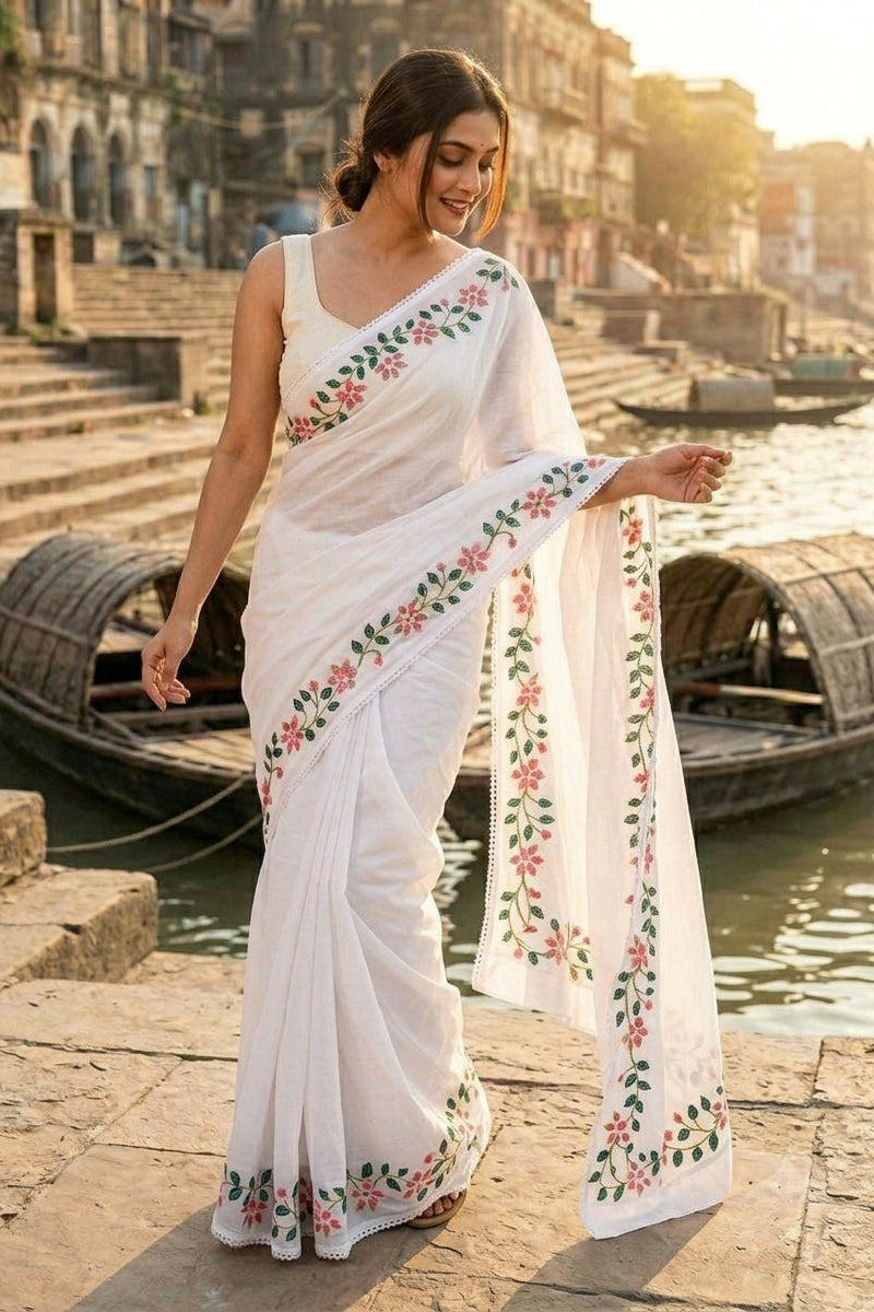 Celestial White Georgette Saree
