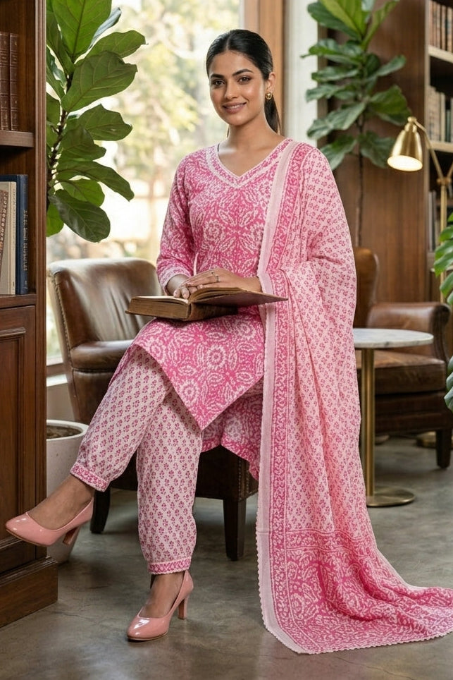 Cute Pockets Cotton Kurti Set (Attractive Pink)