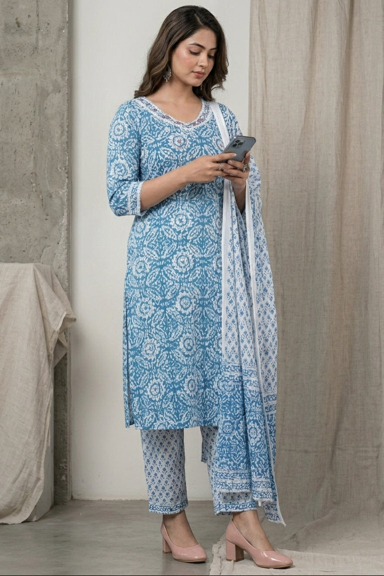 Cute Pockets Straight Cotton Kurti Set(Spirit Of Blue)