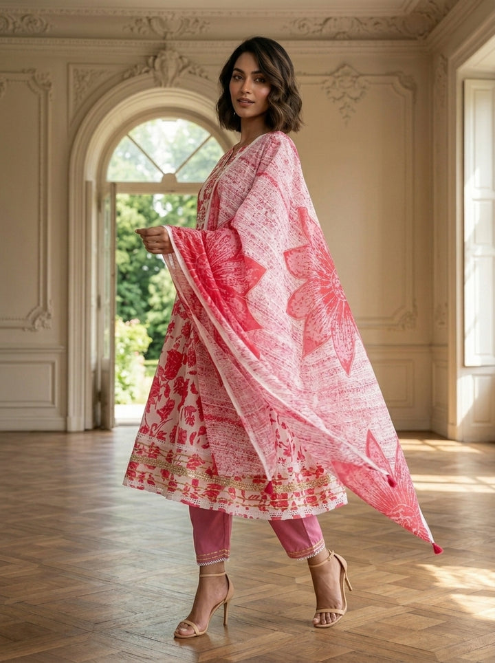 Rose Pink Floral Print Kurti Set