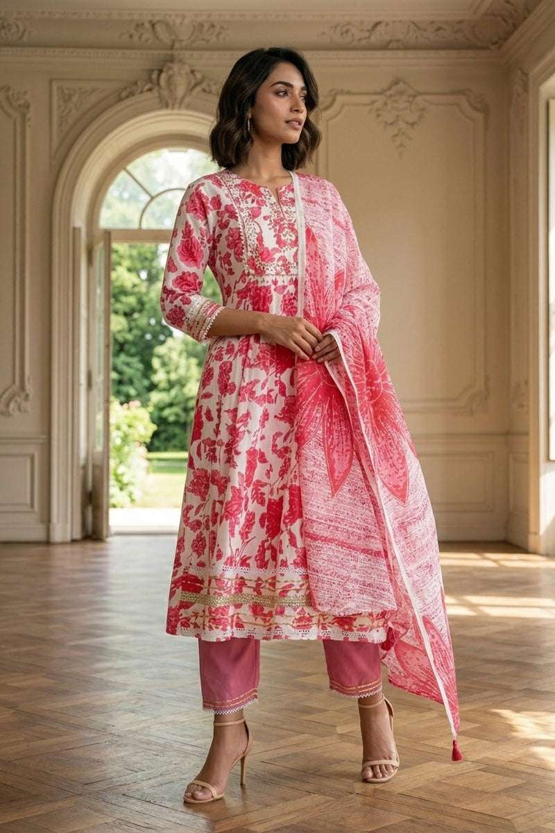 Rose Pink Floral Print Kurti Set