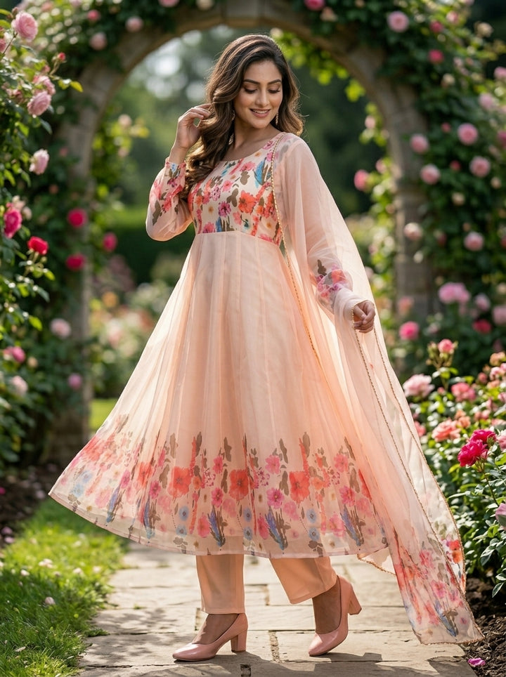Out Of The Organza Anarkali Suit Set (Rich Peach)