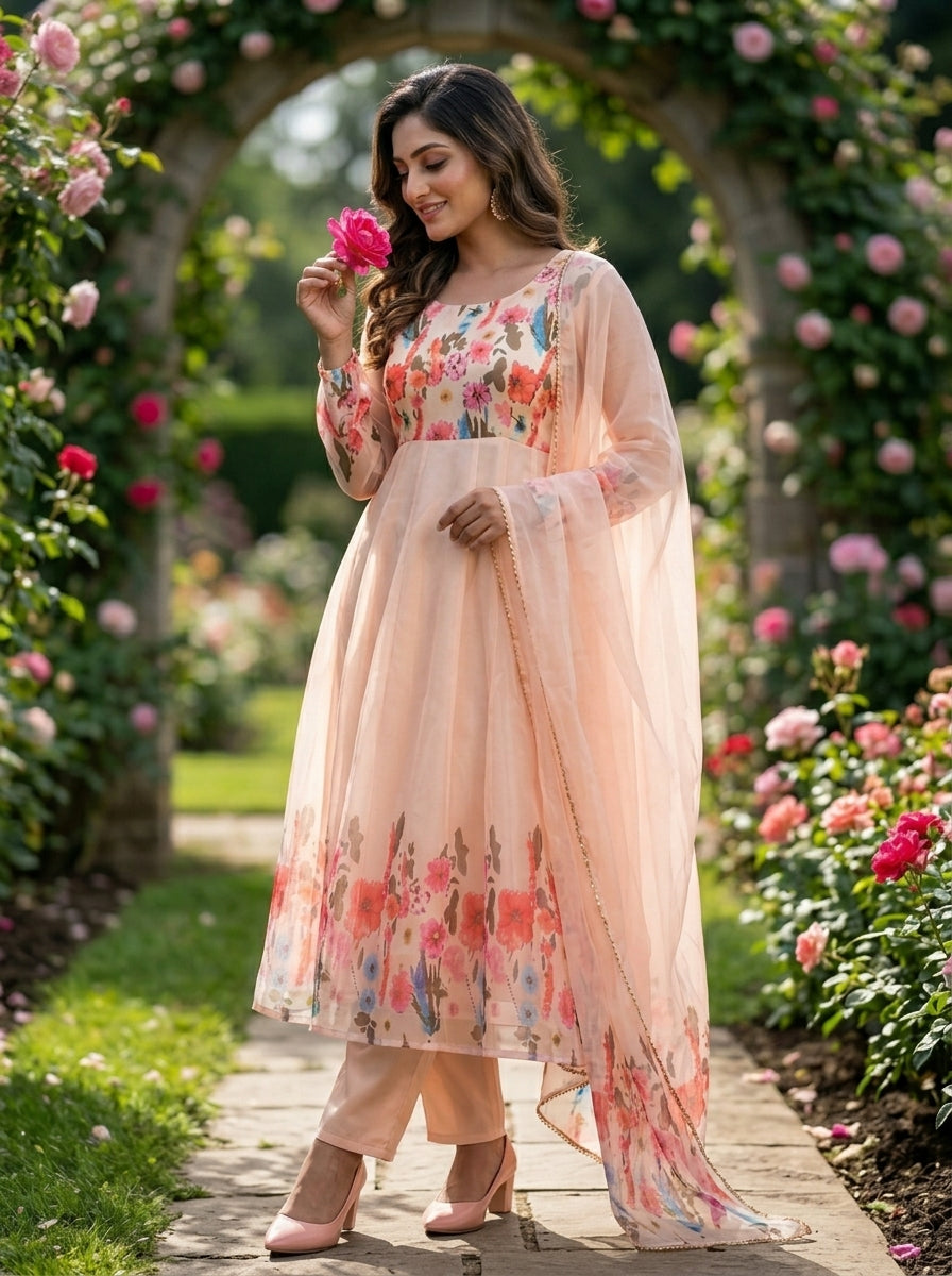 Out Of The Organza Anarkali Suit Set (Rich Peach)