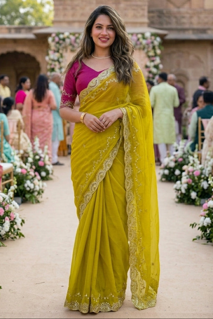Presence Of Nature Rangoli Yellow Silk Saree