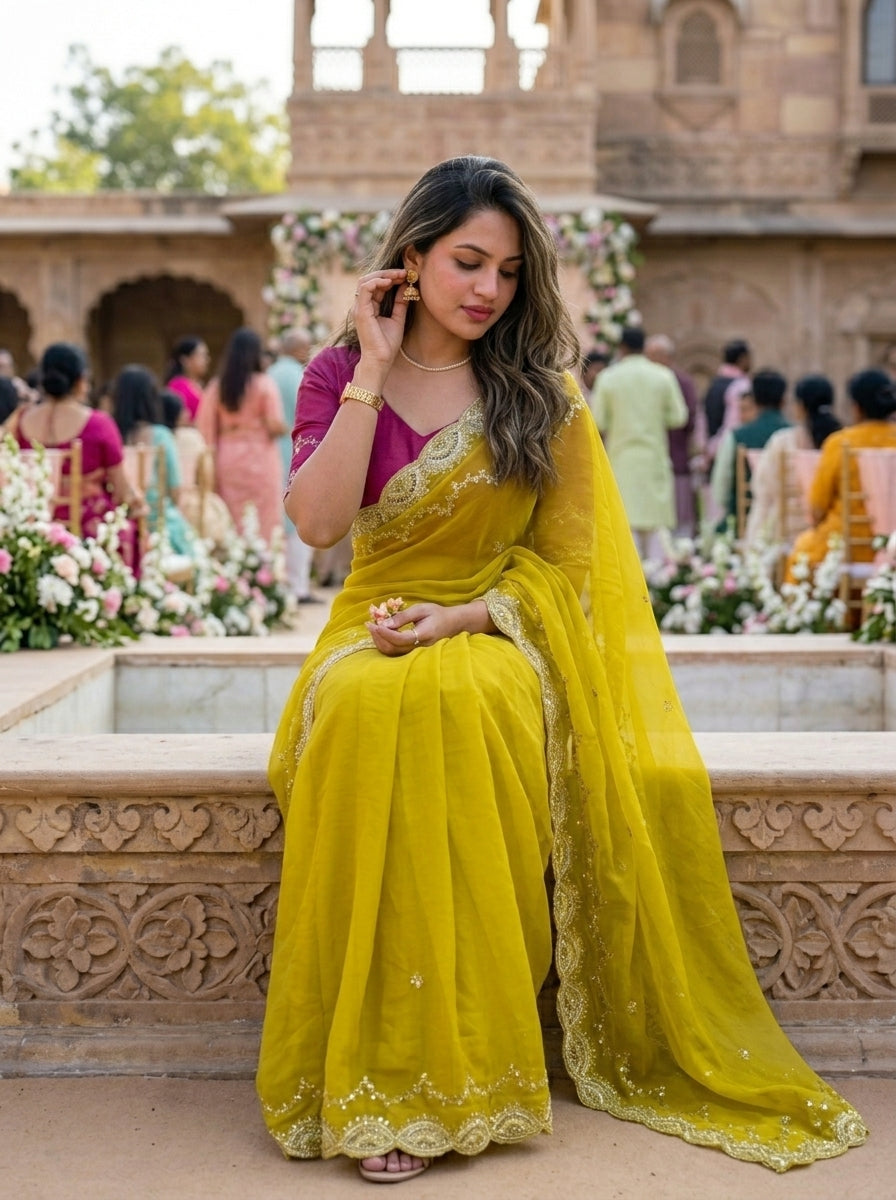 Presence Of Nature Rangoli Yellow Silk Saree