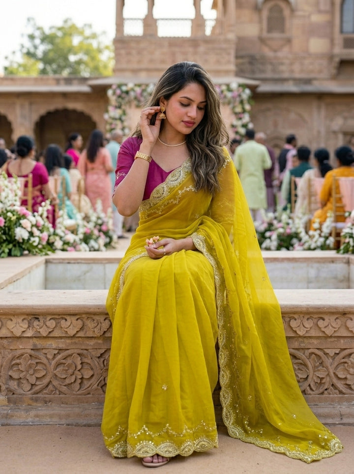 Presence Of Nature Rangoli Yellow Silk Saree