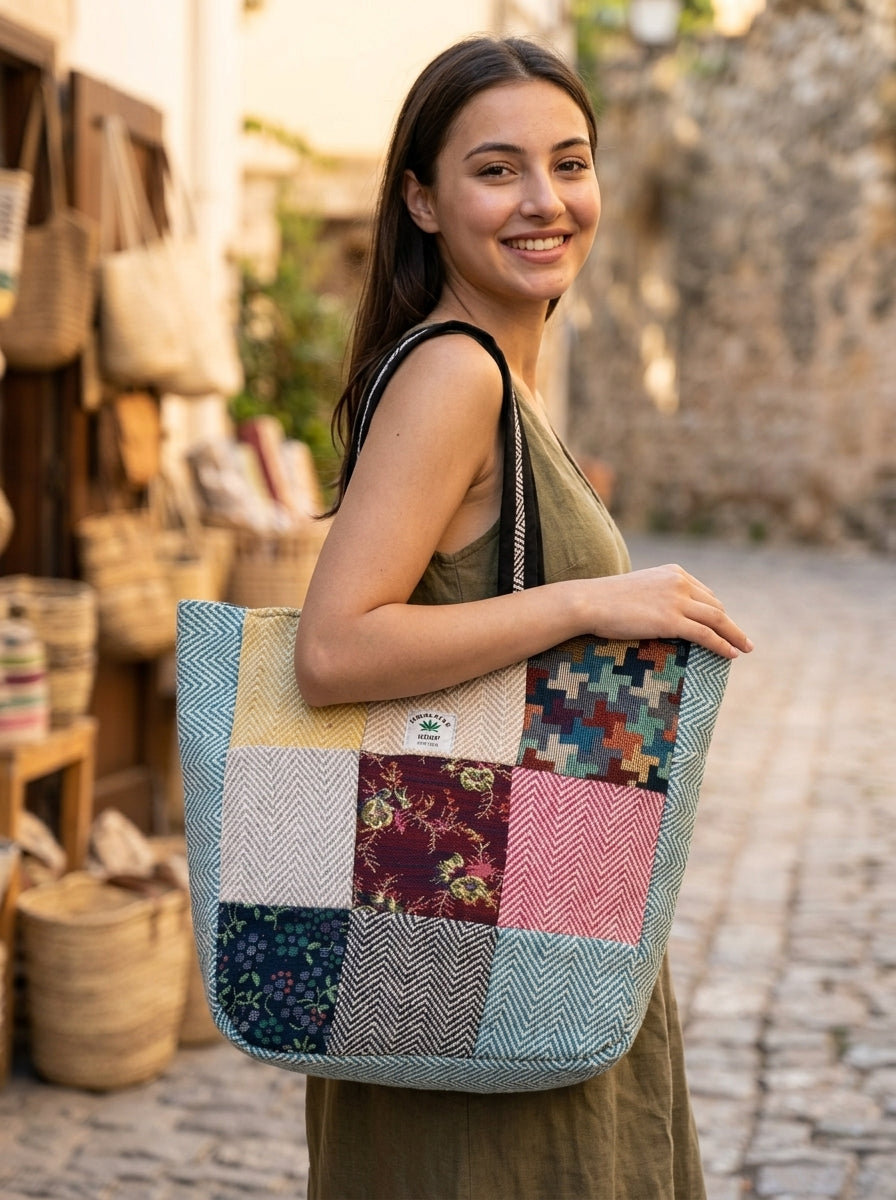 Woven Story-Patchwork Tote Bag