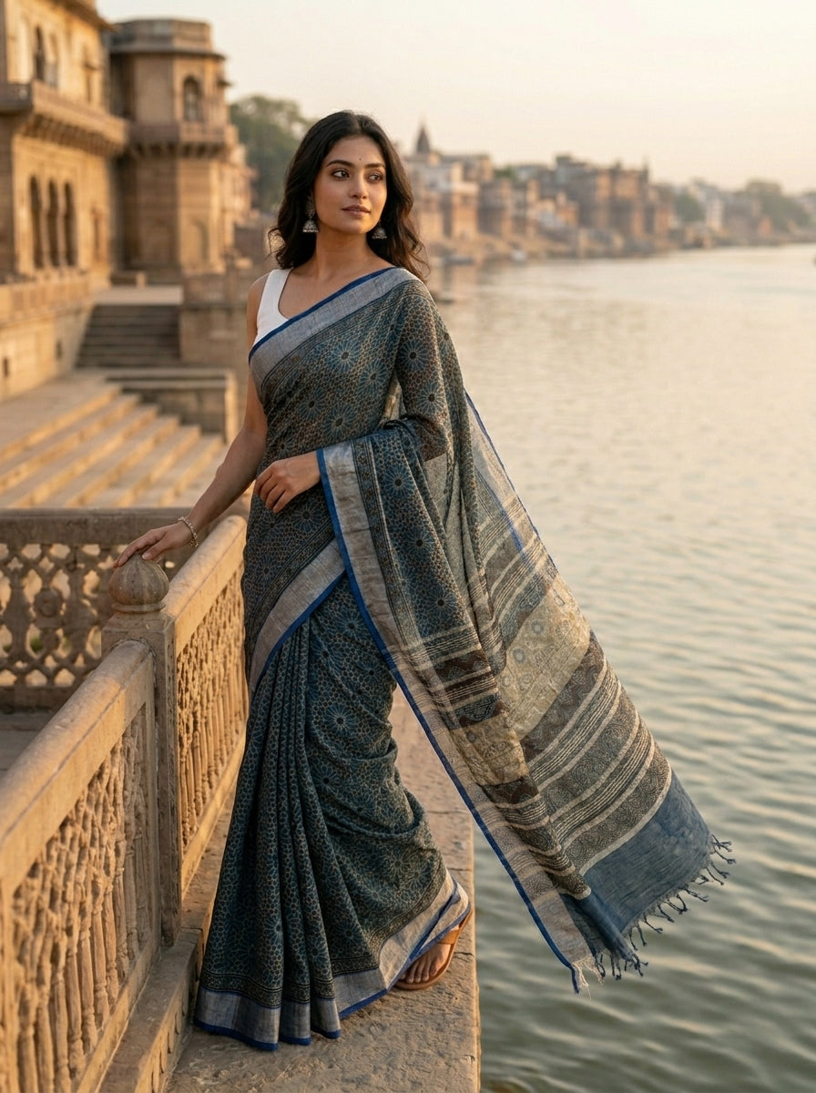 Ajrakhvaani - Linen Saree