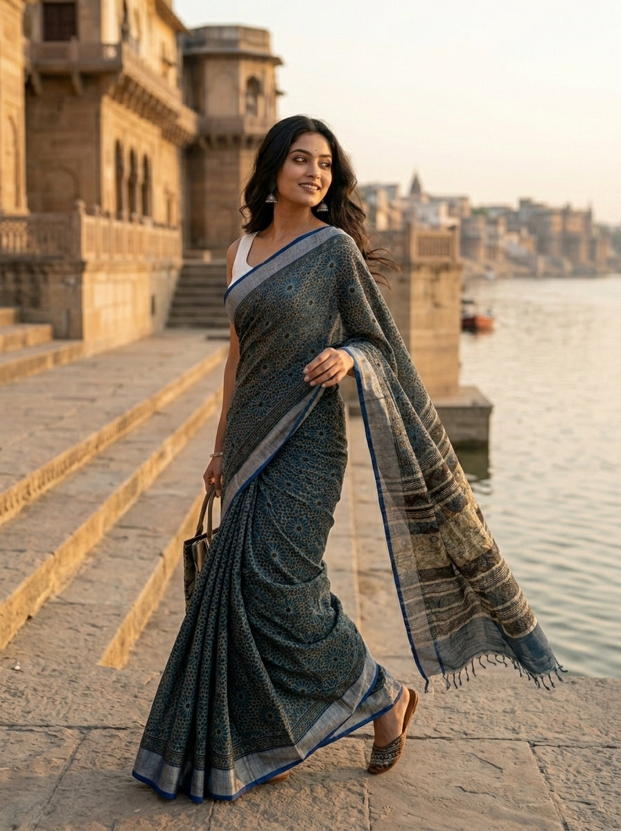 Ajrakhvaani - Linen Saree