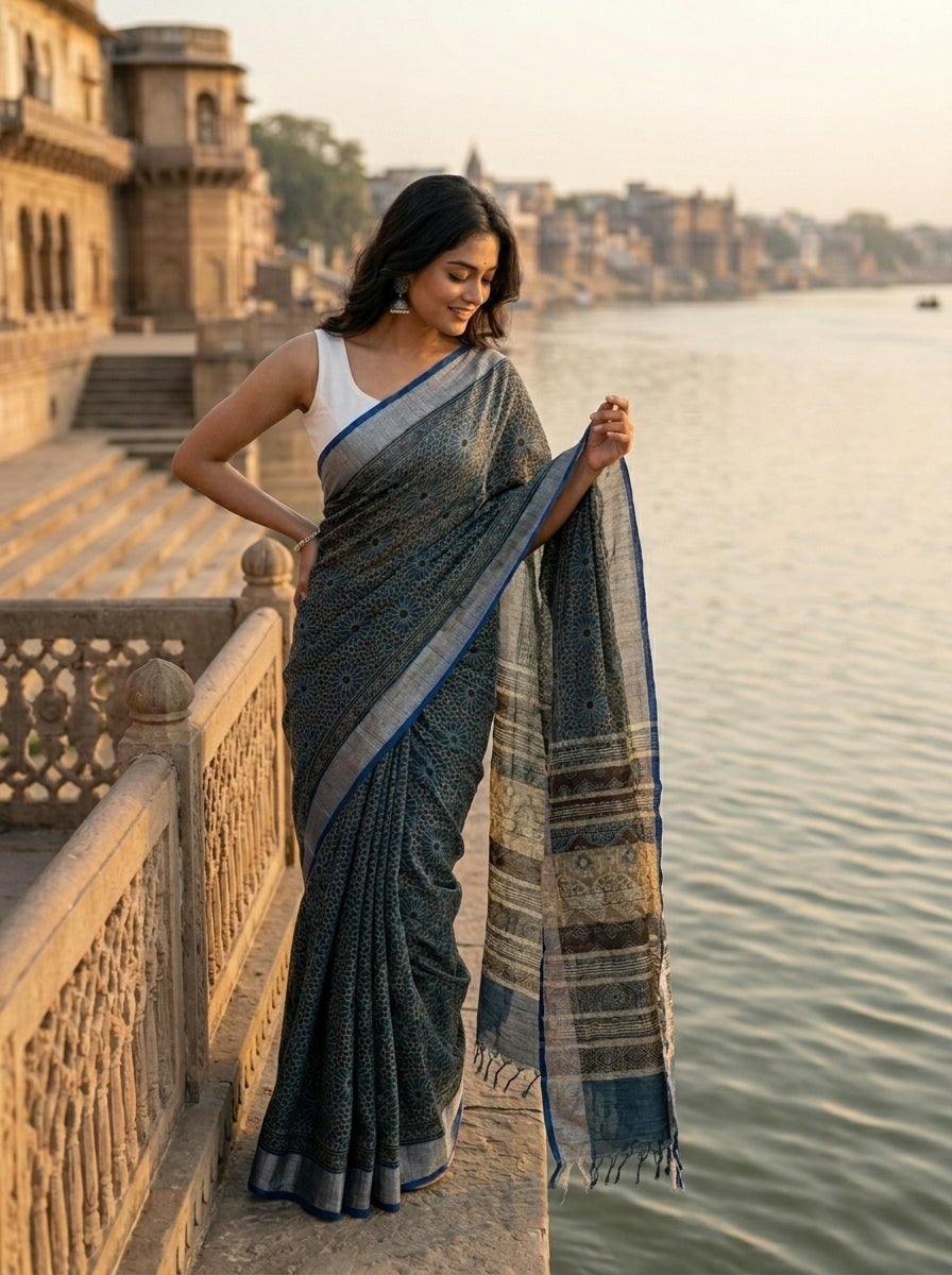 Ajrakhvaani - Linen Saree