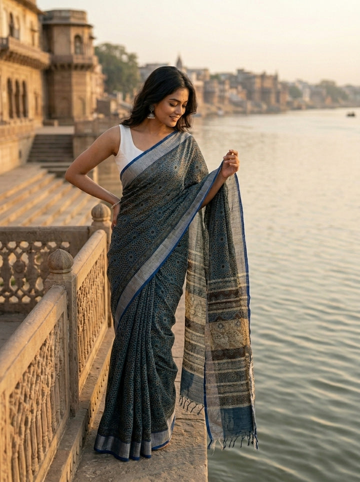 Ajrakhvaani - Linen Saree