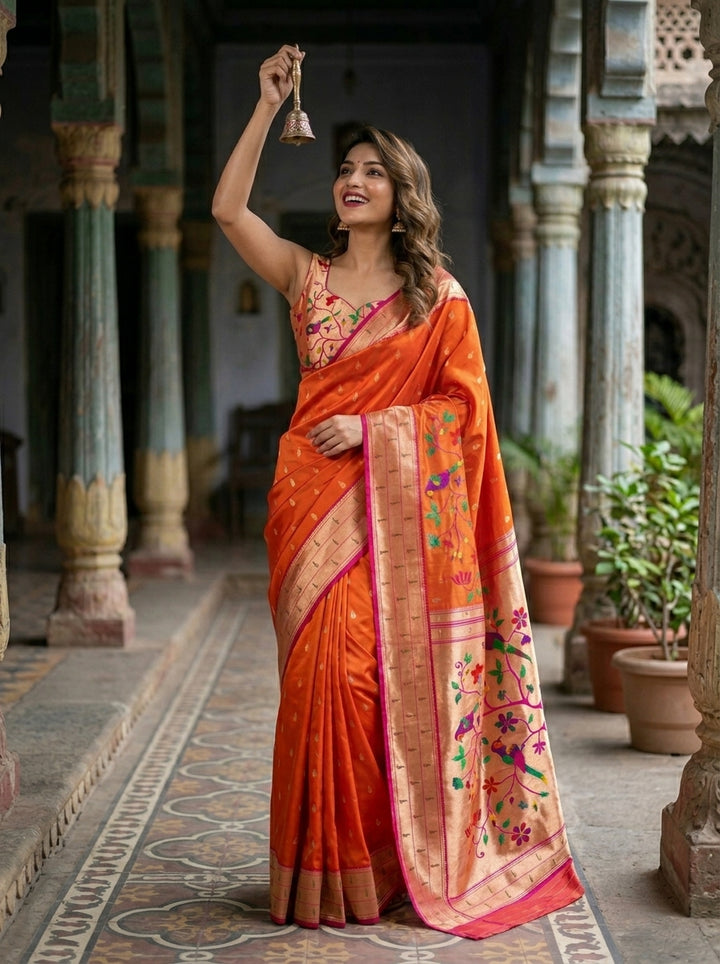 Yogini Kanjivarum Paithani Orange Silk Saree