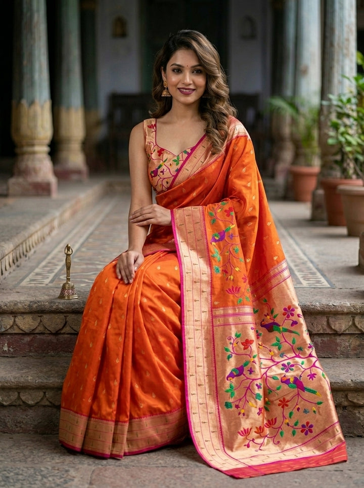 Yogini Kanjivarum Paithani Orange Silk Saree