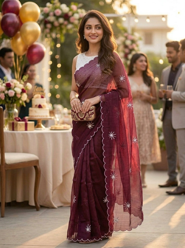 Pearl Bloom Organza Saree (Wine)