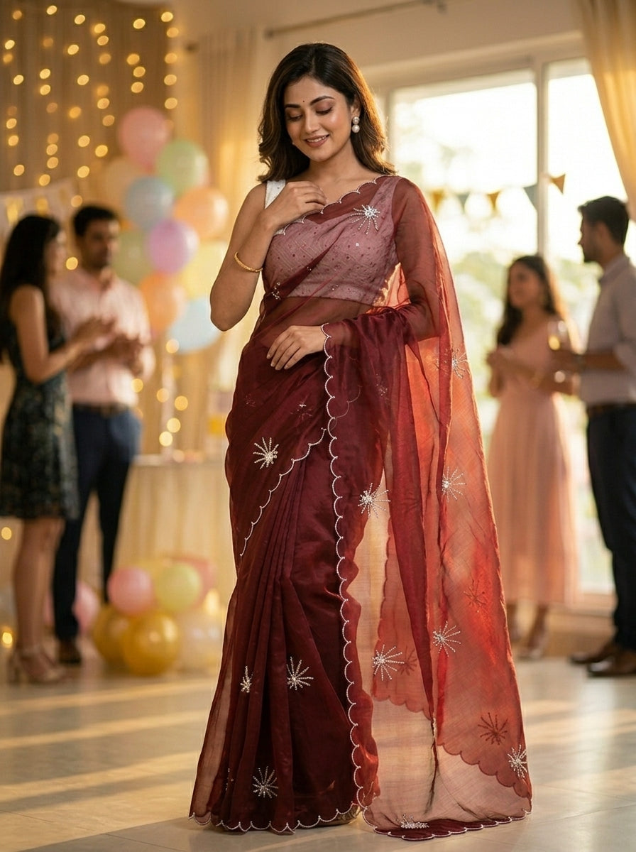 Pearl Bloom Organza Saree (Maroon)