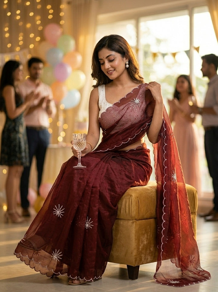 Pearl Bloom Organza Saree (Maroon)