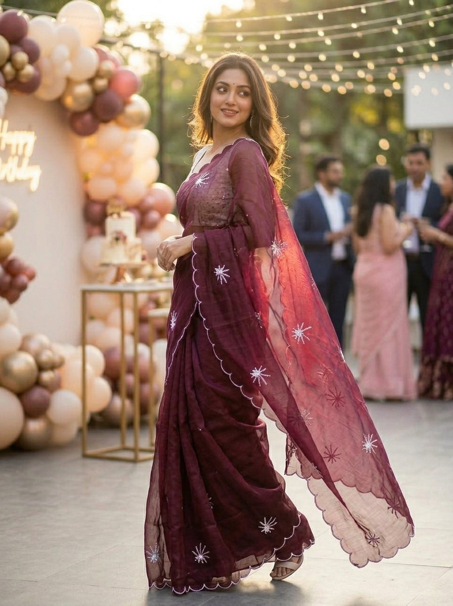 Pearl Bloom Organza Saree (Wine)