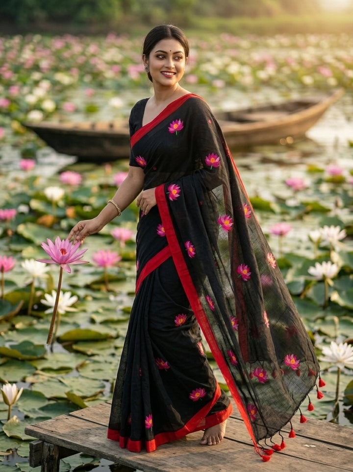Midnight Lotus Cotton Saree