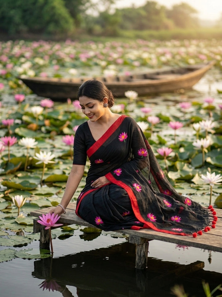 Midnight Lotus Cotton Saree