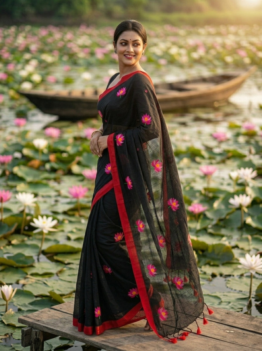 Midnight Lotus Cotton Saree