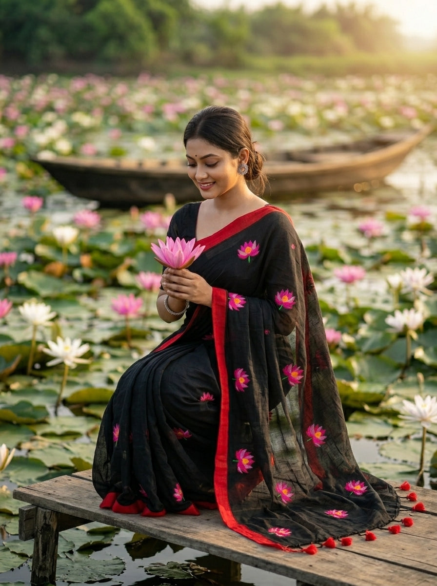 Midnight Lotus Cotton Saree